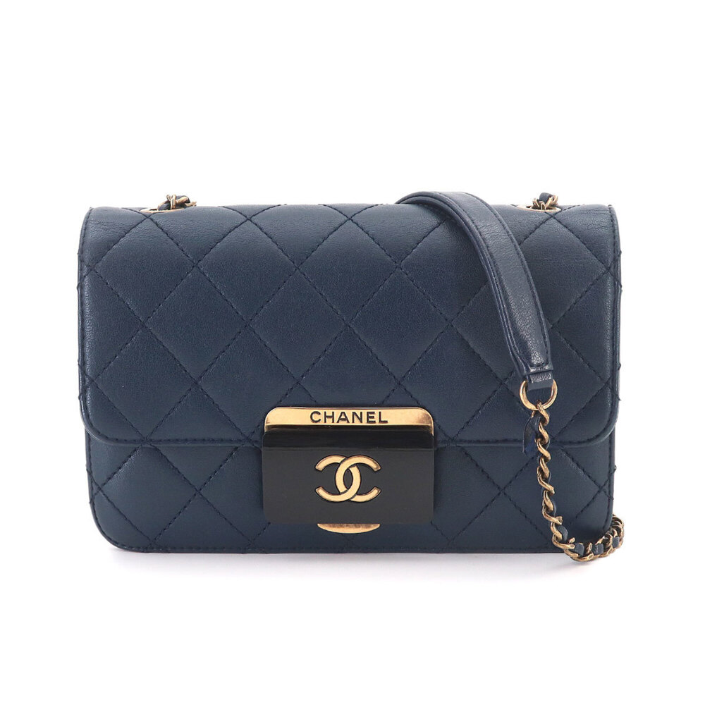 Chanel Beauty Lock Chain Shoulder Handbag, Leather, Navy, A93221, Gold Hardware